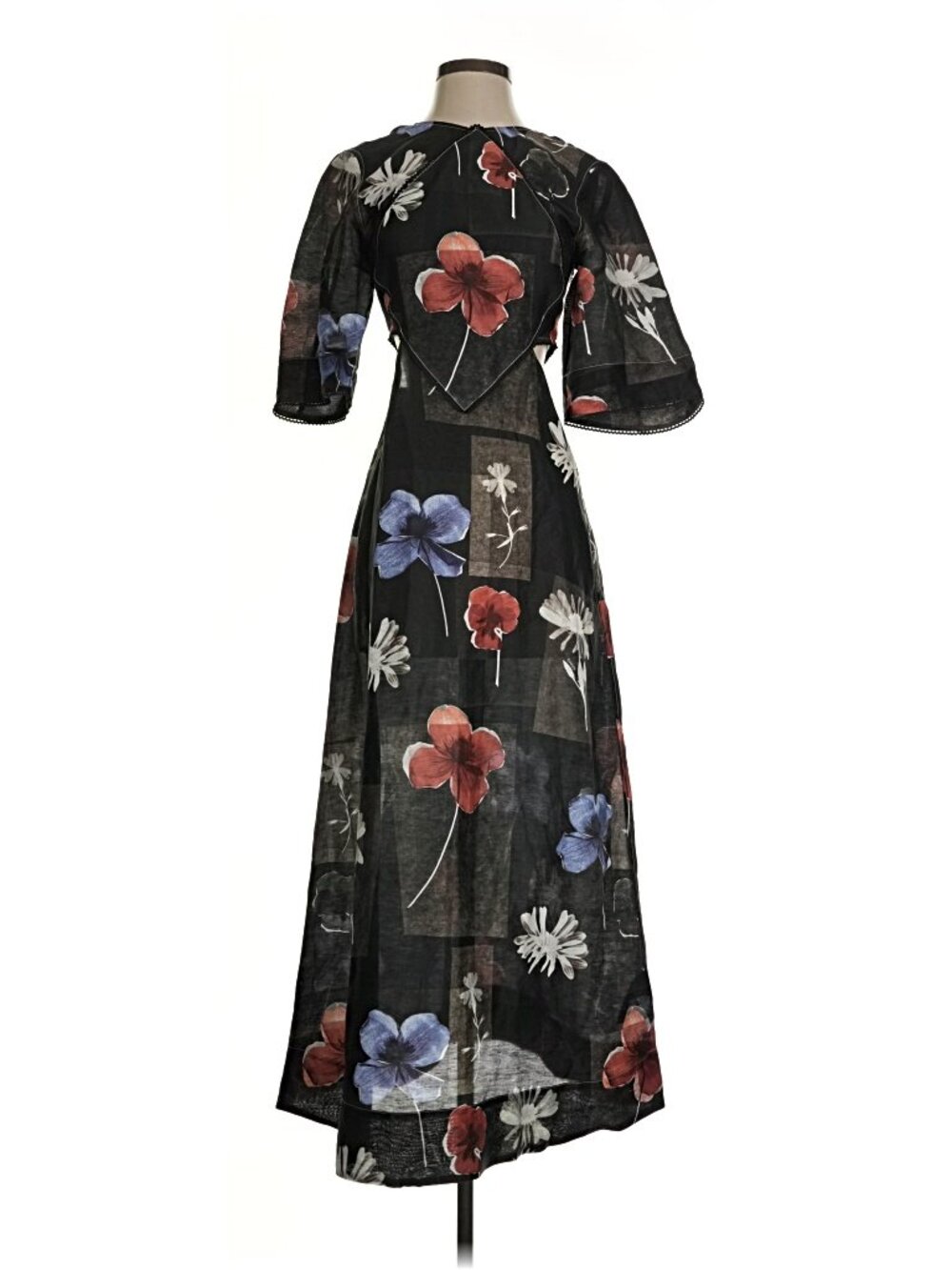 Ganni Black Floral Maxi Dress with Red & Blue Blooms